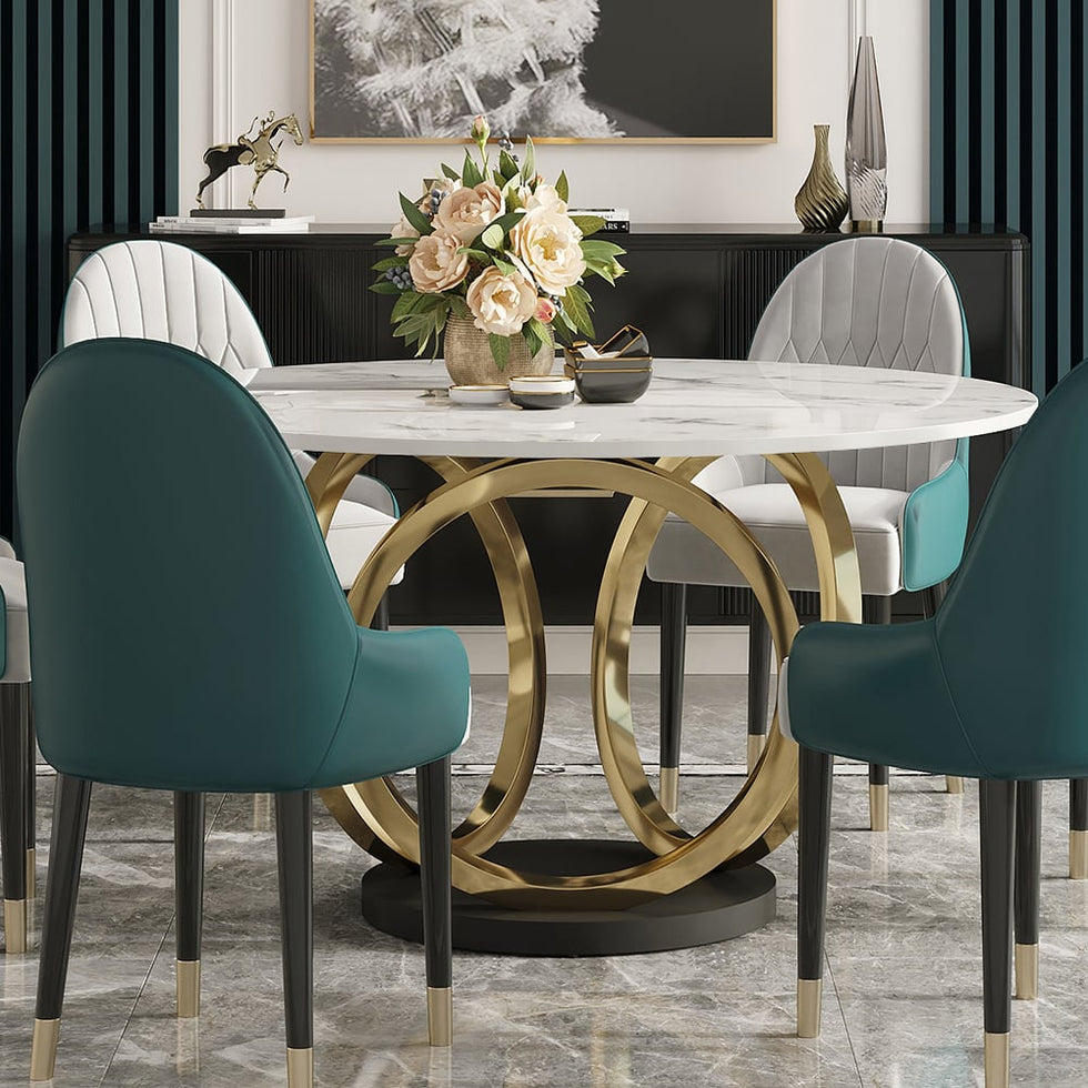 HMR - Round Dining Table for 6 Person with Black Pedestal in 53"Dia , Gold and White