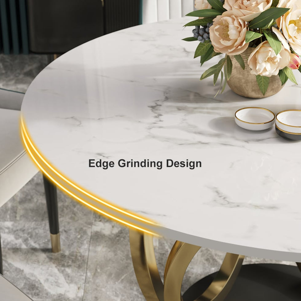 HMR - Round Dining Table for 6 Person with Black Pedestal in 53"Dia , Gold and White