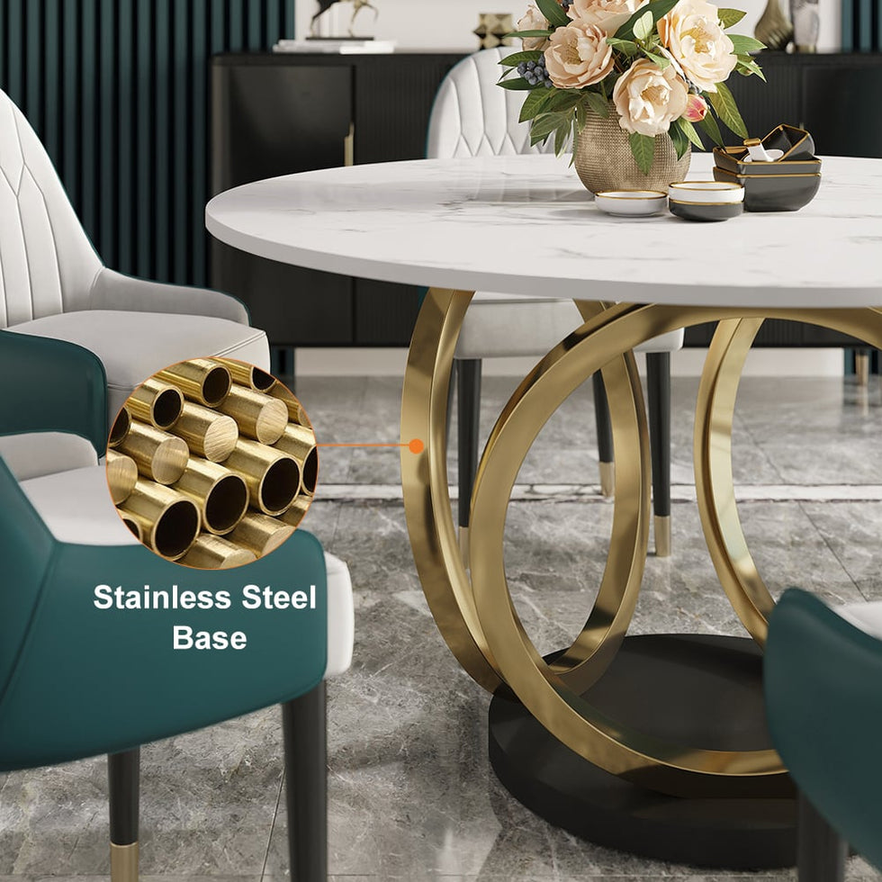 HMR - Round Dining Table for 6 Person with Black Pedestal in 53"Dia , Gold and White