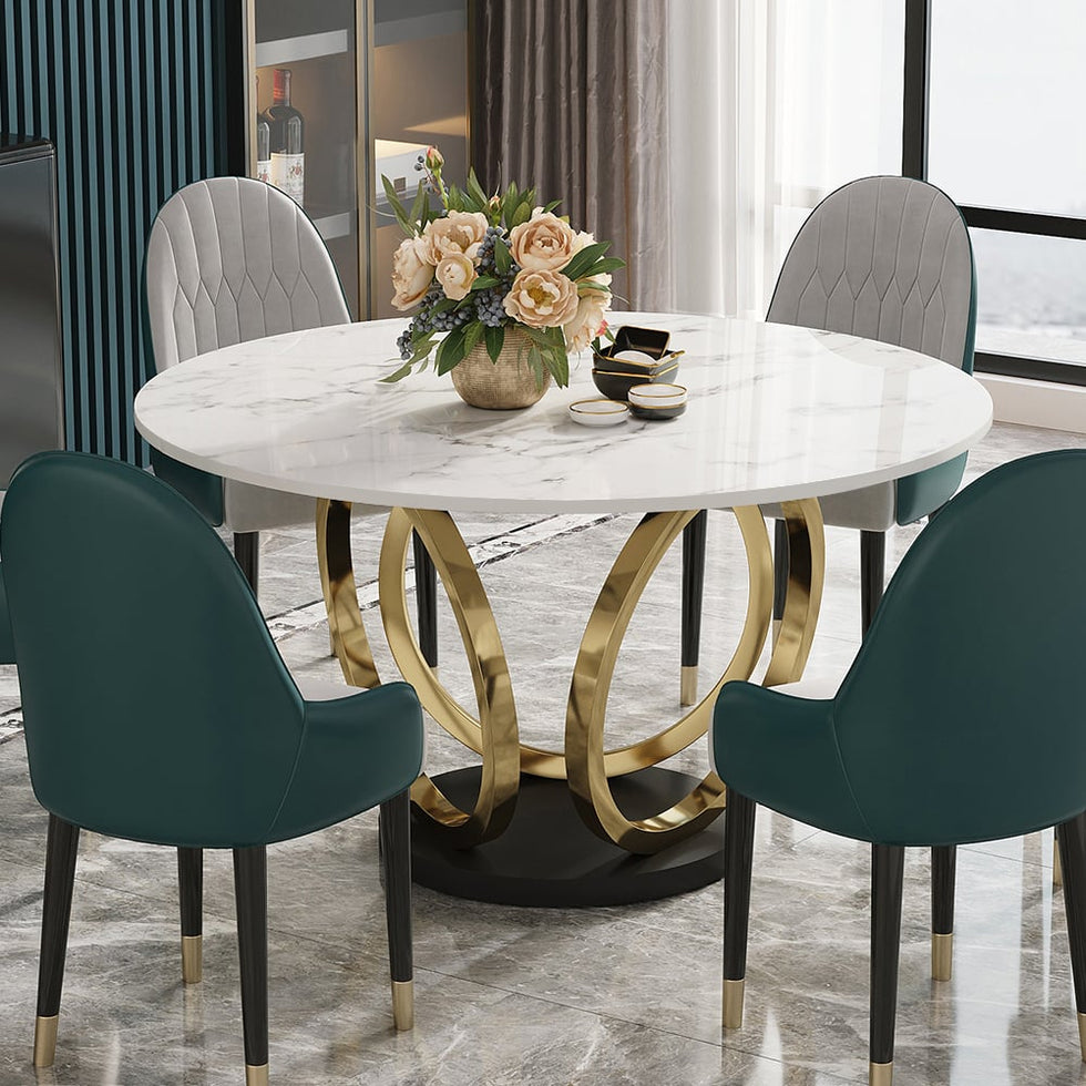 HMR - Round Dining Table for 6 Person with Black Pedestal in 53"Dia , Gold and White