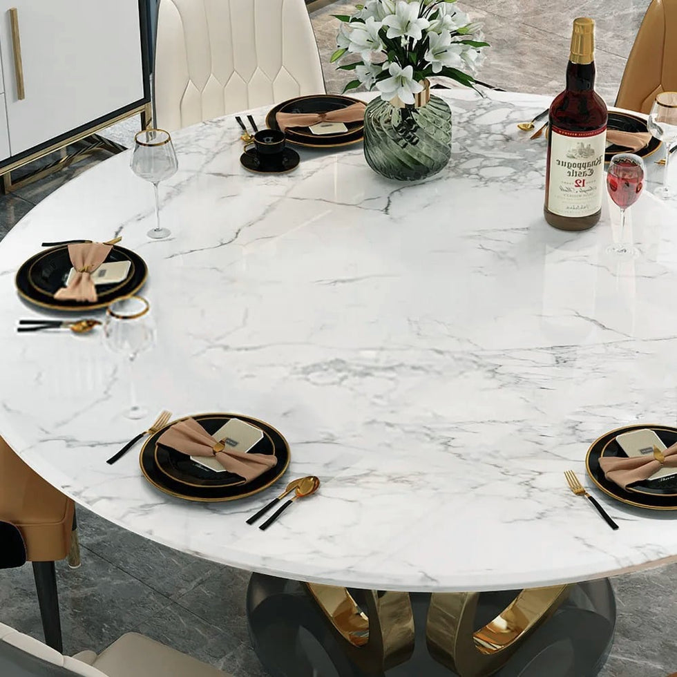 HMR - Round Dining Table for 6 Person with Black Pedestal in 53"Dia , Gold and White