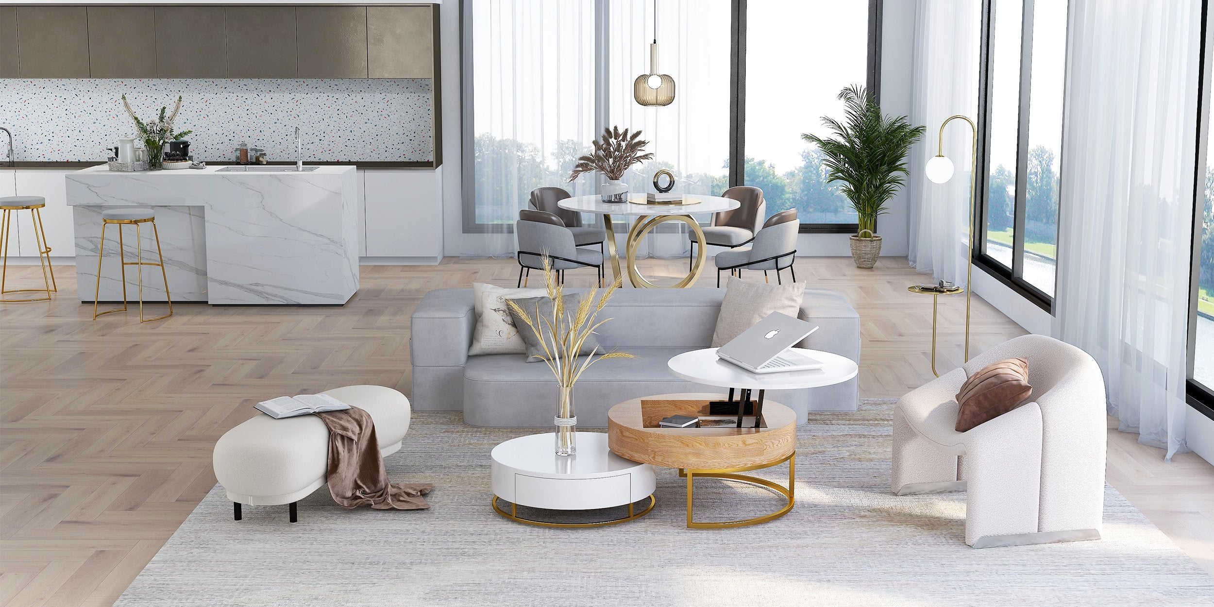 HMR - Round Dining Table for 6 Person with Black Pedestal in 53"Dia , Gold and White