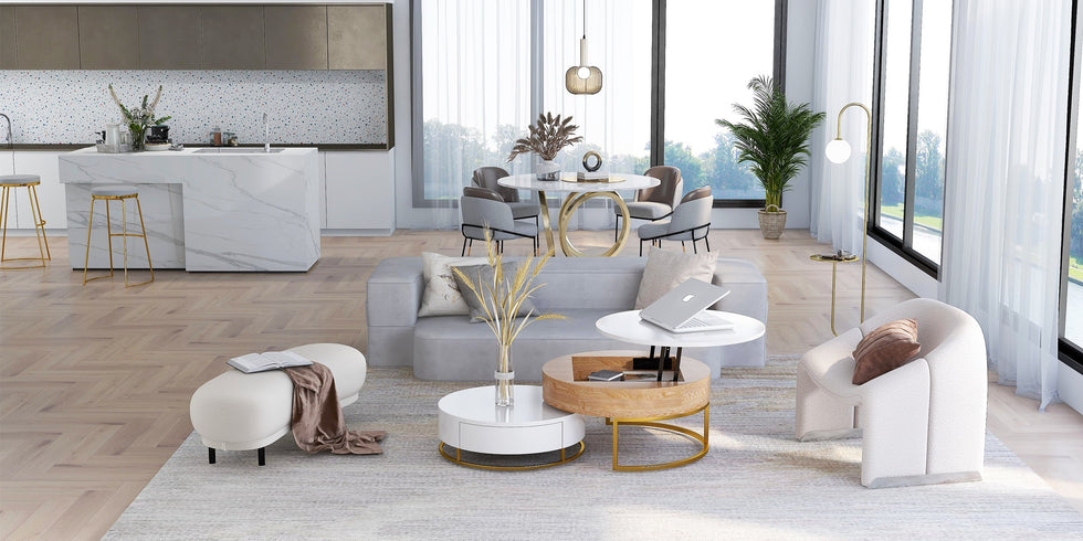 HMR - Round Dining Table for 6 Person with Black Pedestal in 53"Dia , Gold and White