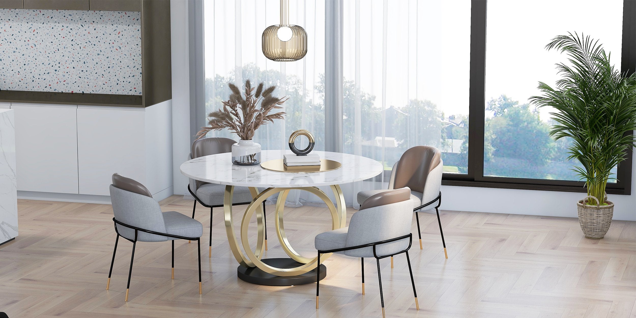 HMR - Round Dining Table for 6 Person with Black Pedestal in 53"Dia , Gold and White
