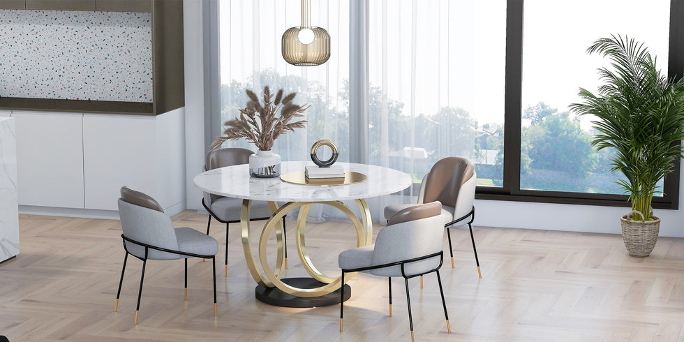 HMR - Round Dining Table for 6 Person with Black Pedestal in 53"Dia , Gold and White
