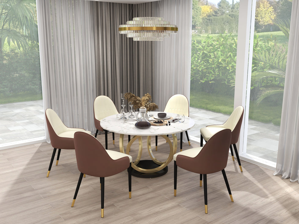 HMR - Round Dining Table for 6 Person with Black Pedestal in 53"Dia , Gold and White