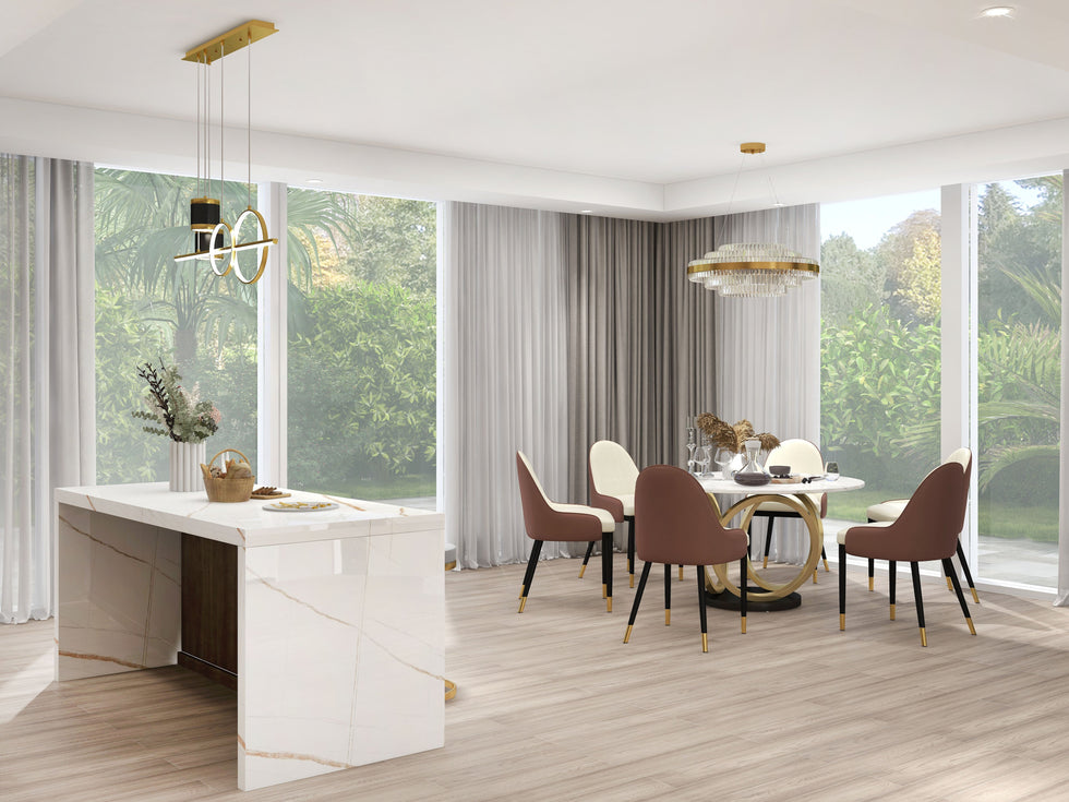 HMR - Round Dining Table for 6 Person with Black Pedestal in 53"Dia , Gold and White