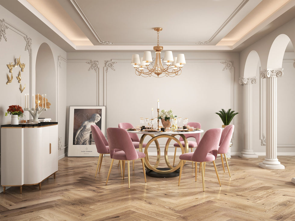 HMR - Round Dining Table for 6 Person with Black Pedestal in 53"Dia , Gold and White