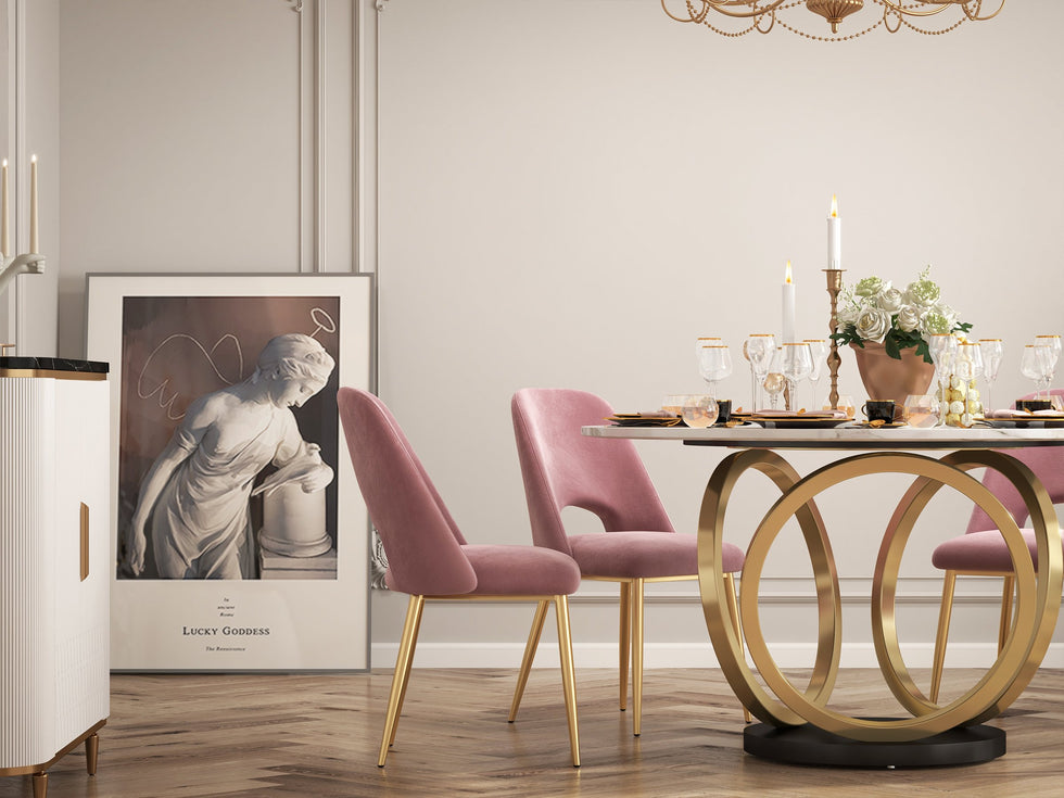 HMR - Round Dining Table for 6 Person with Black Pedestal in 53"Dia , Gold and White