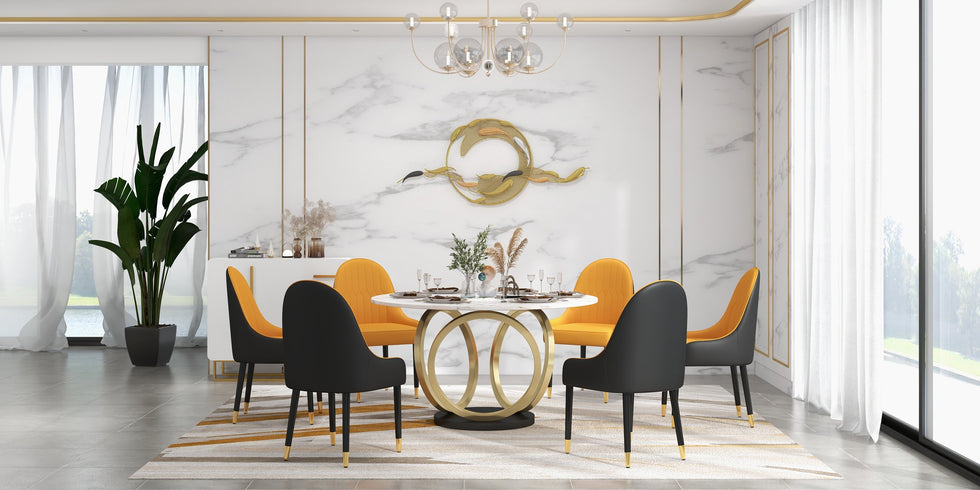 HMR - Round Dining Table for 6 Person with Black Pedestal in 53"Dia , Gold and White
