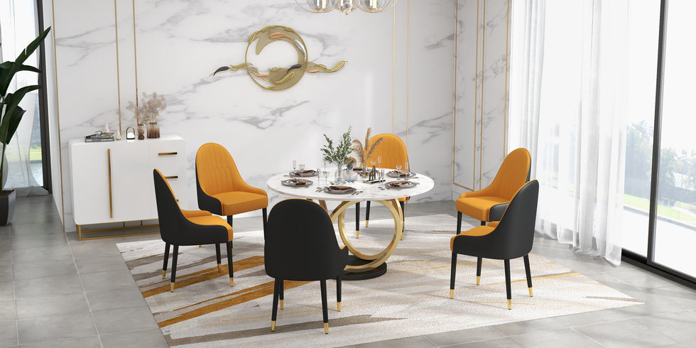 HMR - Round Dining Table for 6 Person with Black Pedestal in 53"Dia , Gold and White