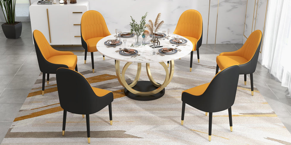 HMR - Round Dining Table for 6 Person with Black Pedestal in 53"Dia , Gold and White