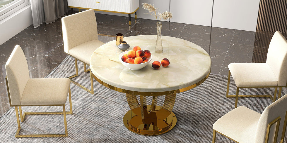HMR - Round Dining Table with Stainless Steel Base in 47"L, Beige