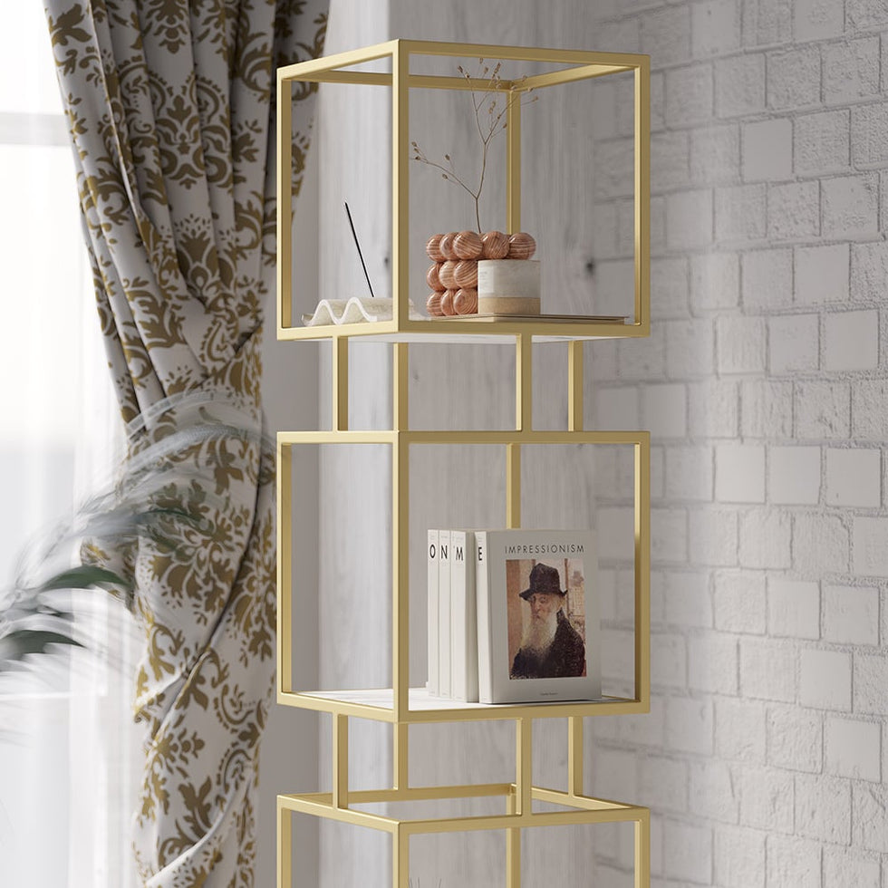 HMR - Modern Cube 3-Tier Bookcase with Metal Tower Display