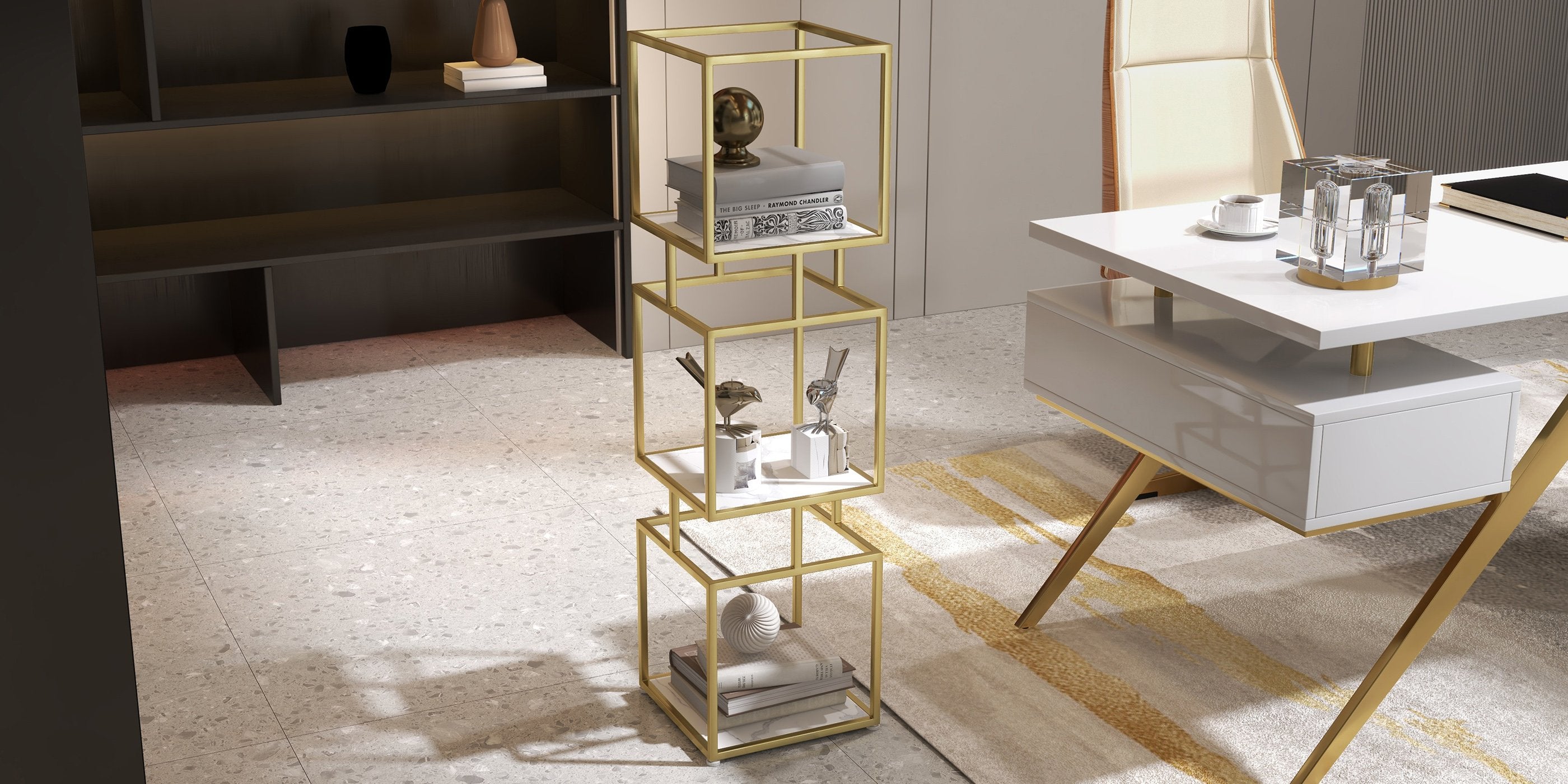 HMR - Modern Cube 3-Tier Bookcase with Metal Tower Display