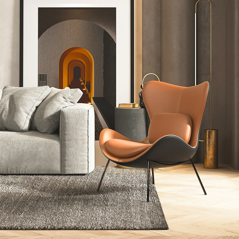 HMR - Accent Chair PU Leather Upholstery with Pillow in Orange and Black