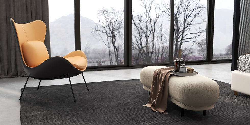 HMR - Accent Chair PU Leather Upholstery with Pillow in Orange and Black