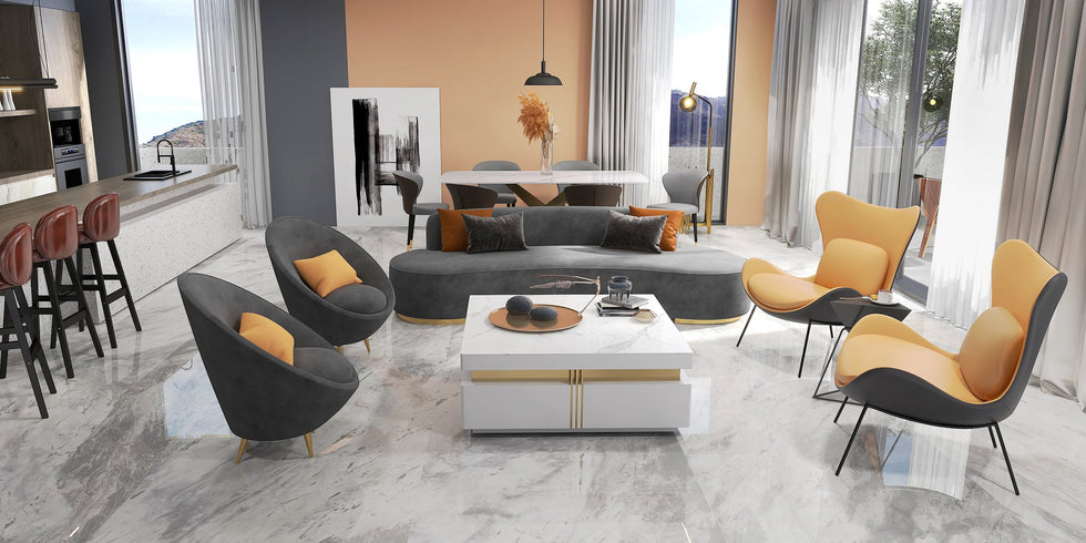 HMR - Accent Chair PU Leather Upholstery with Pillow in Orange and Black