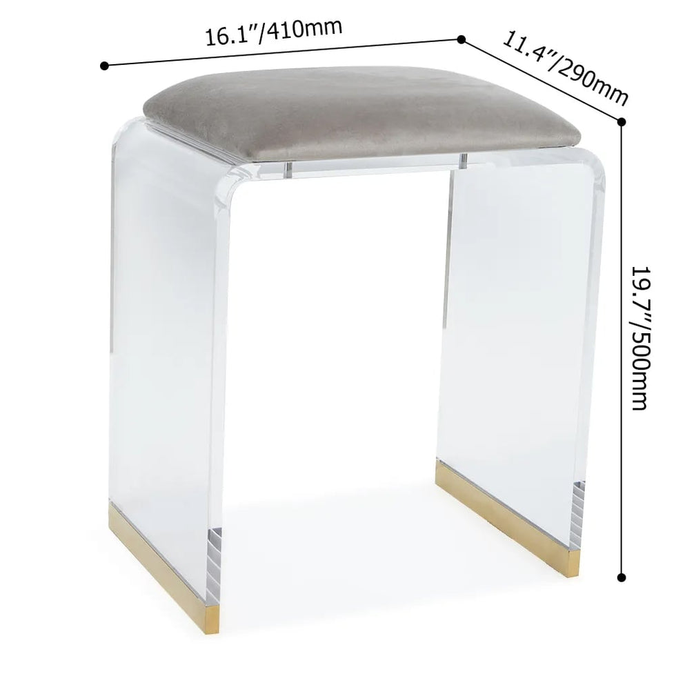 HMR - Velvet Upholstered and Acrylic Frame Makeup Vanity Stool and Clear Ottoman