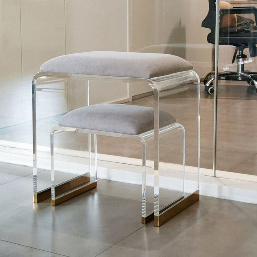 HMR - Velvet Upholstered and Acrylic Frame Makeup Vanity Stool and Clear Ottoman
