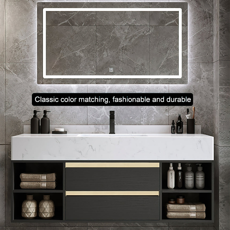 HMR - 39.4" Modern Floating Bathroom Vanity Set with Ceramic Sink 2 Drawers & Open Shelves