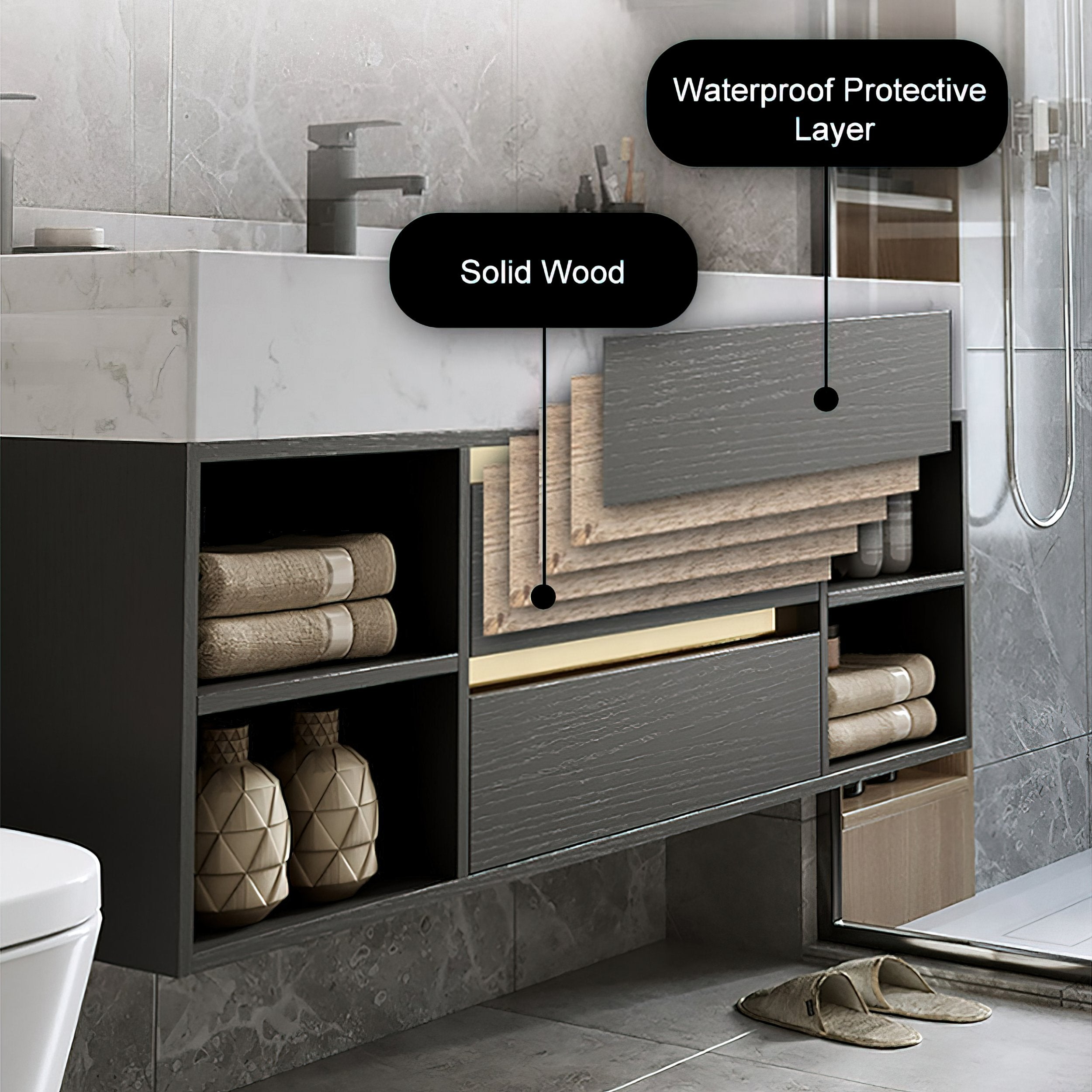 HMR - 39.4" Modern Floating Bathroom Vanity Set with Ceramic Sink 2 Drawers & Open Shelves
