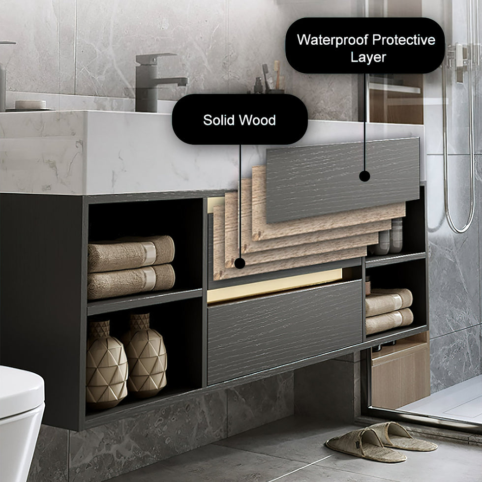 HMR - 39.4" Modern Floating Bathroom Vanity Set with Ceramic Sink 2 Drawers & Open Shelves
