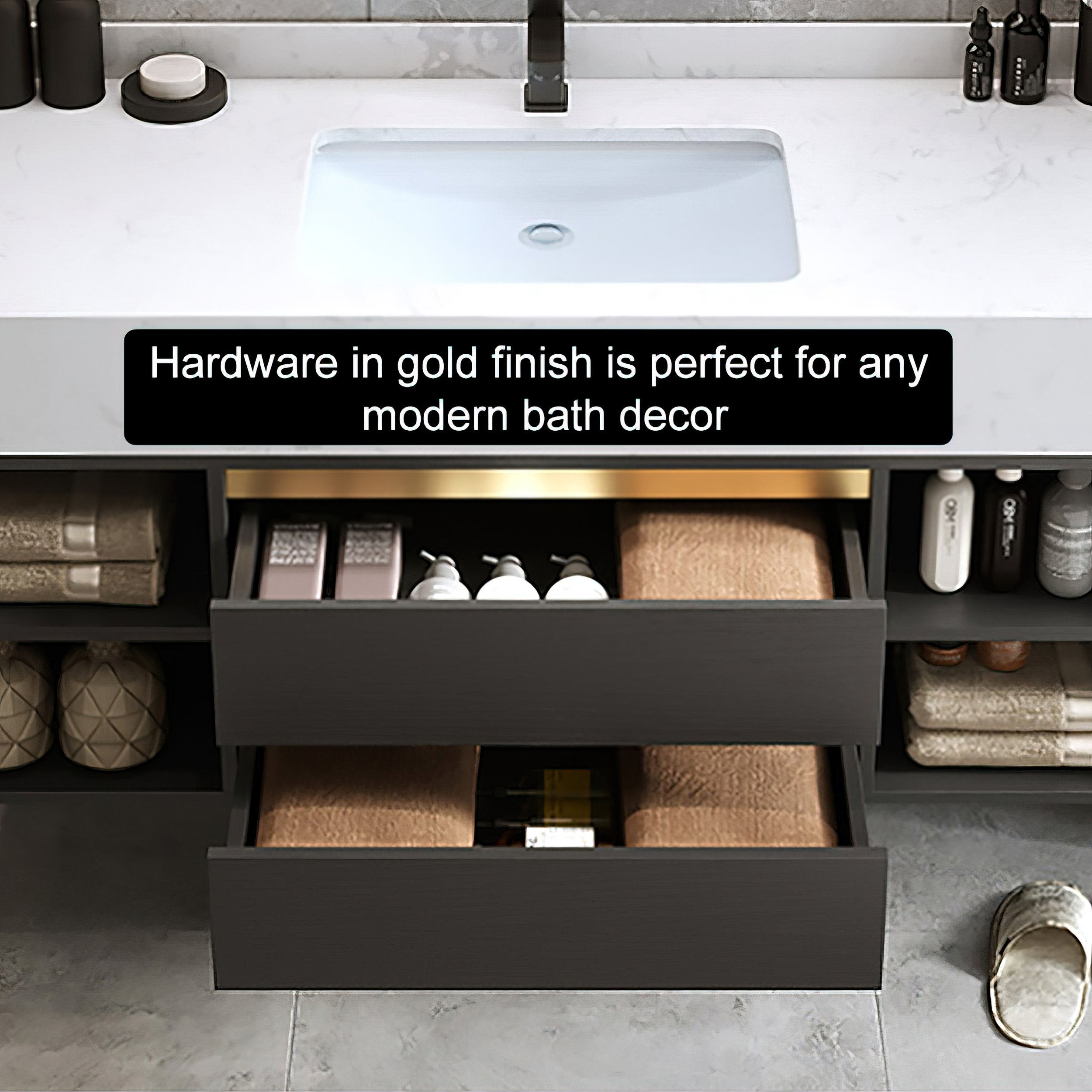 HMR - 39.4" Modern Floating Bathroom Vanity Set with Ceramic Sink 2 Drawers & Open Shelves