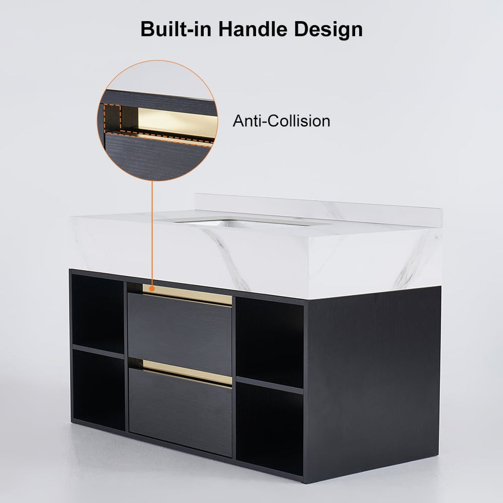 HMR - 39.4" Modern Floating Bathroom Vanity Set with Ceramic Sink 2 Drawers & Open Shelves