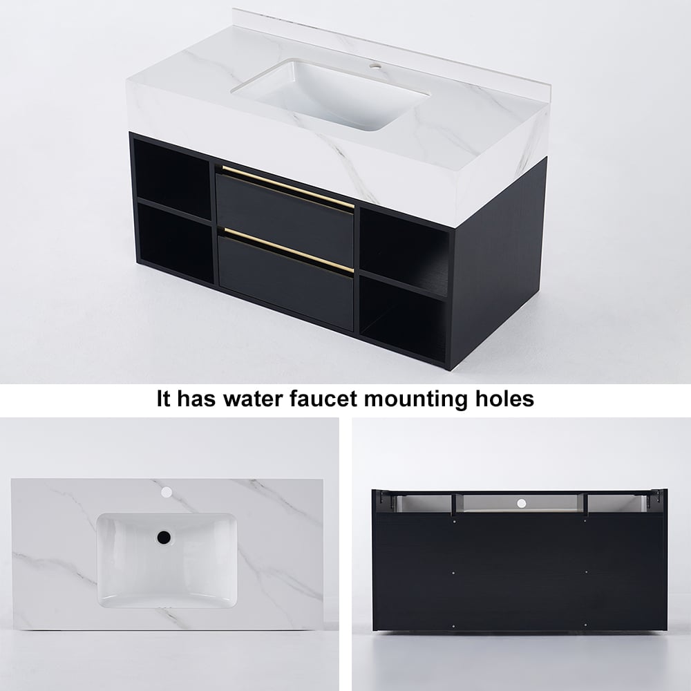 HMR - 39.4" Modern Floating Bathroom Vanity Set with Ceramic Sink 2 Drawers & Open Shelves