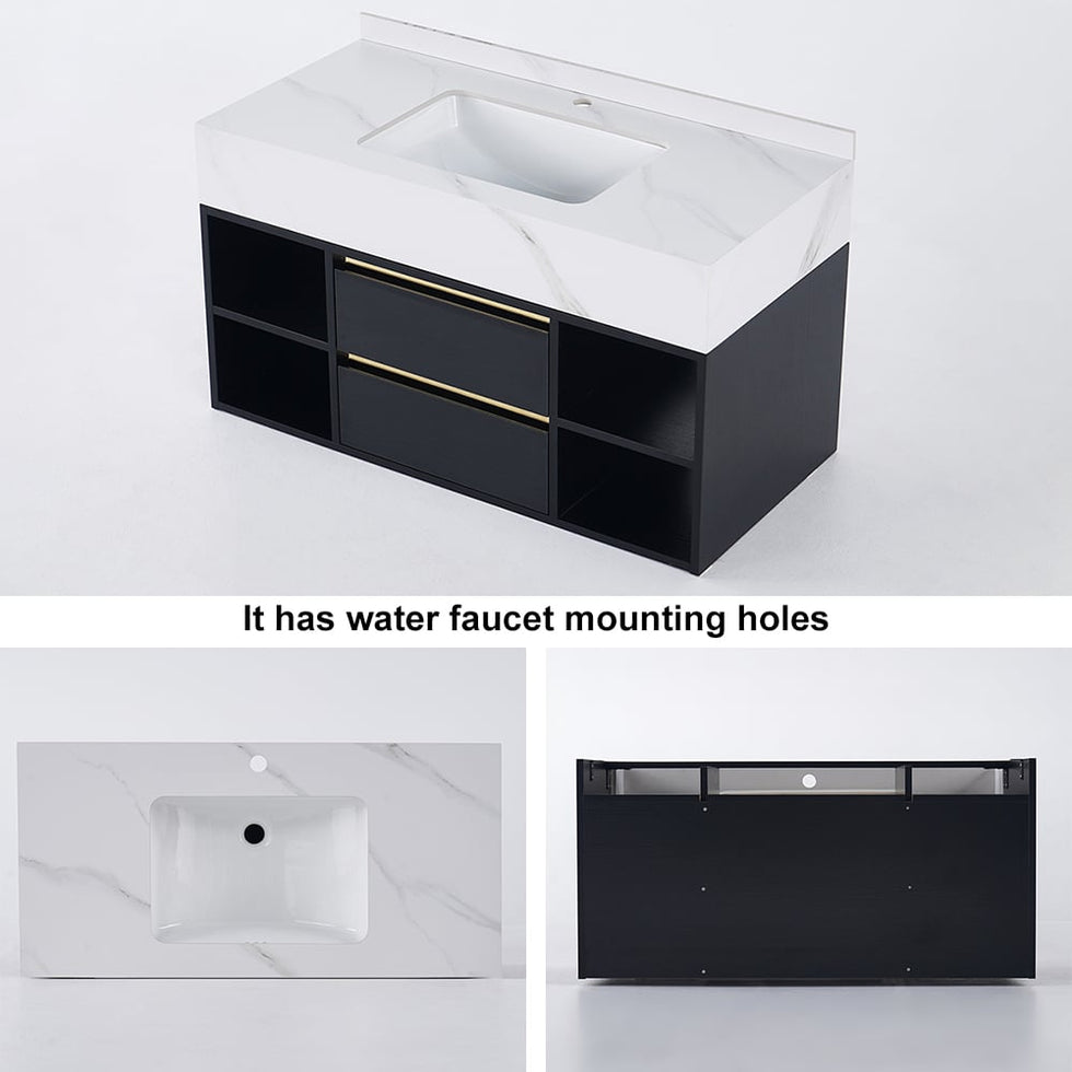 HMR - 39.4" Modern Floating Bathroom Vanity Set with Ceramic Sink 2 Drawers & Open Shelves