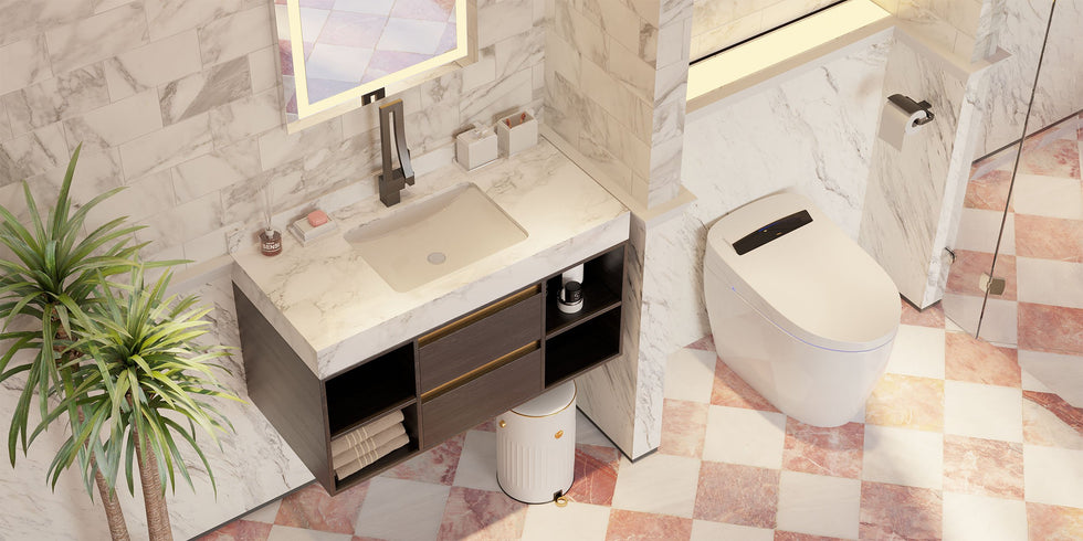 HMR - 39.4" Modern Floating Bathroom Vanity Set with Ceramic Sink 2 Drawers & Open Shelves