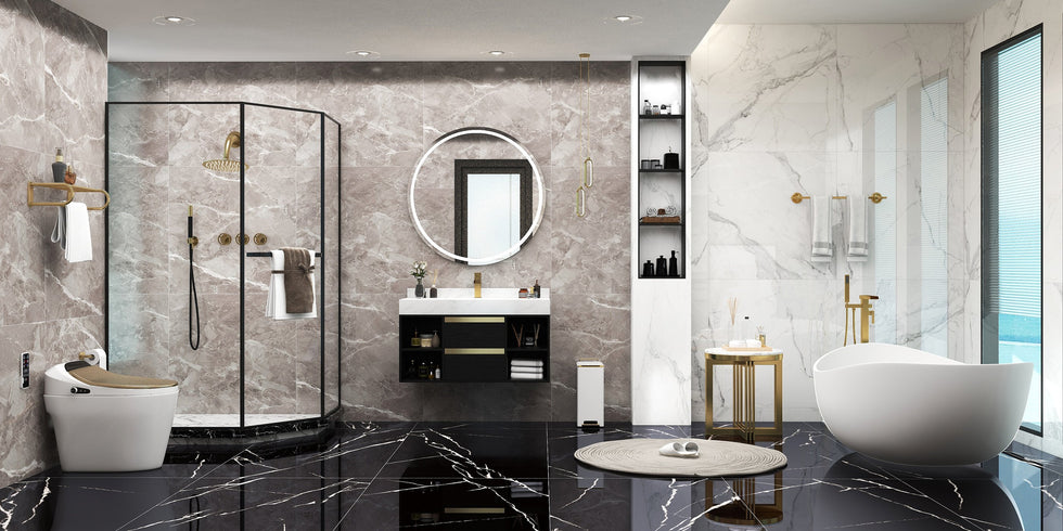HMR - 39.4" Modern Floating Bathroom Vanity Set with Ceramic Sink 2 Drawers & Open Shelves