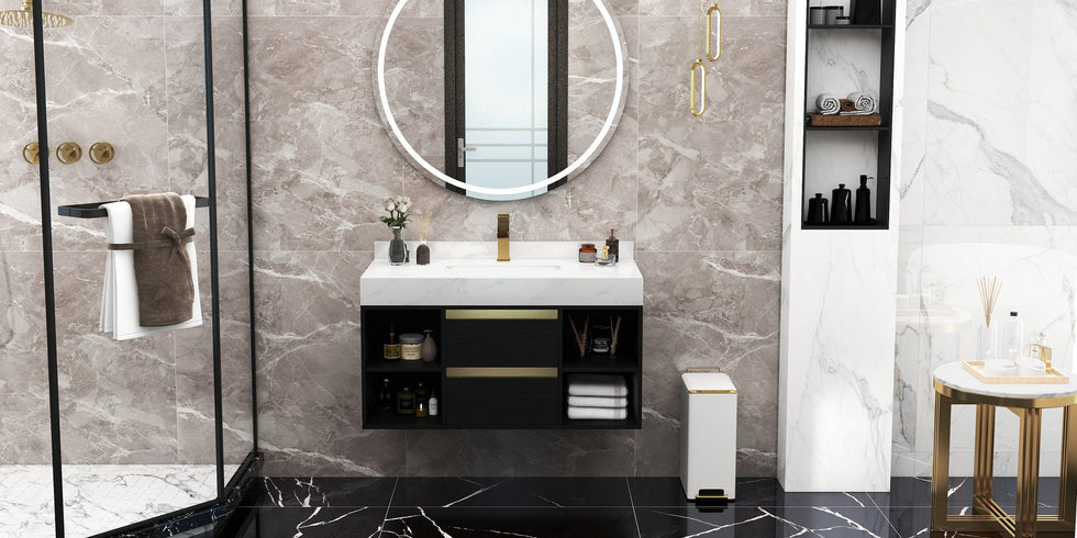 HMR - 39.4" Modern Floating Bathroom Vanity Set with Ceramic Sink 2 Drawers & Open Shelves