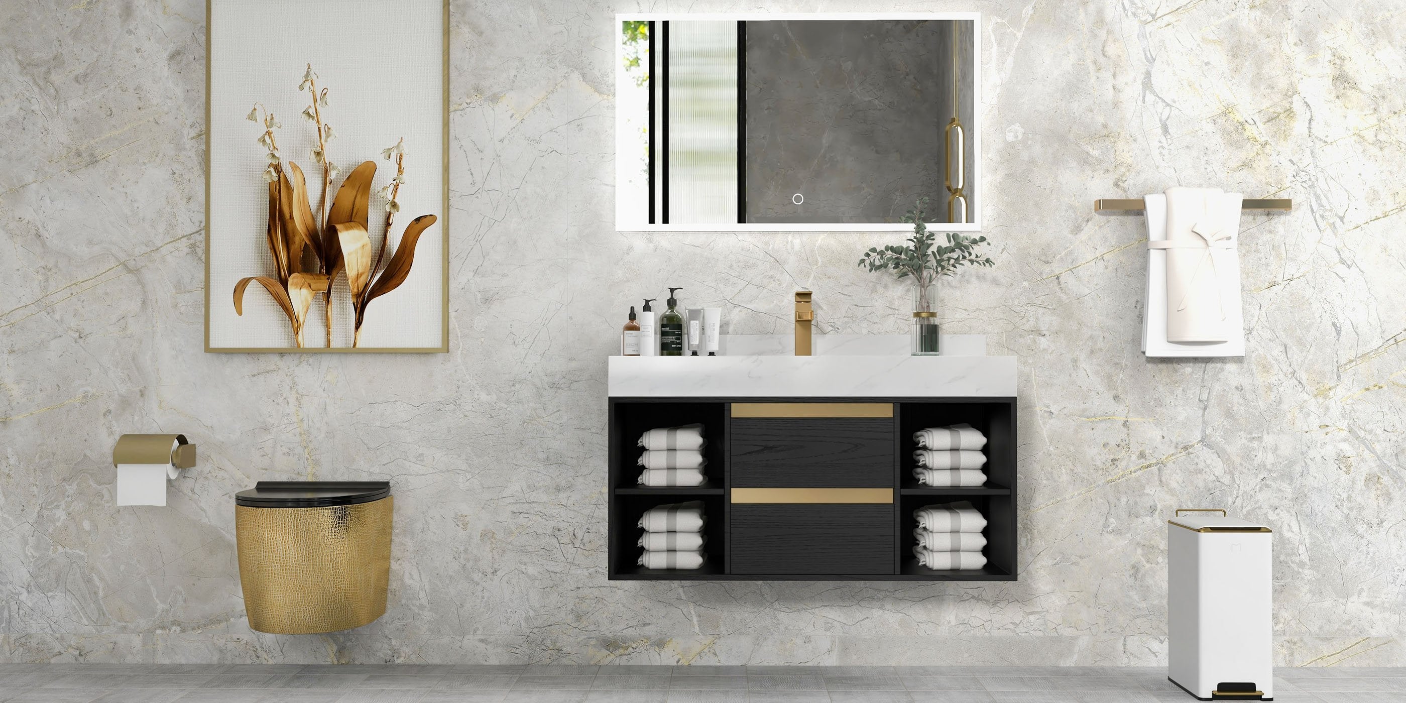 HMR - 39.4" Modern Floating Bathroom Vanity Set with Ceramic Sink 2 Drawers & Open Shelves