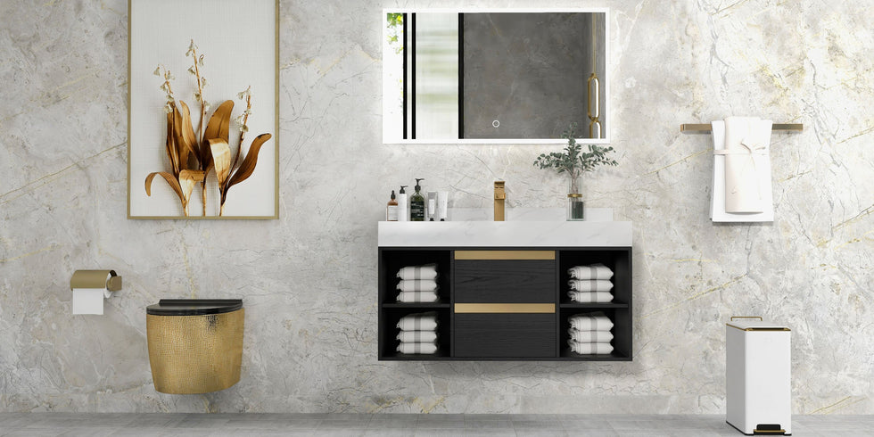 HMR - 39.4" Modern Floating Bathroom Vanity Set with Ceramic Sink 2 Drawers & Open Shelves