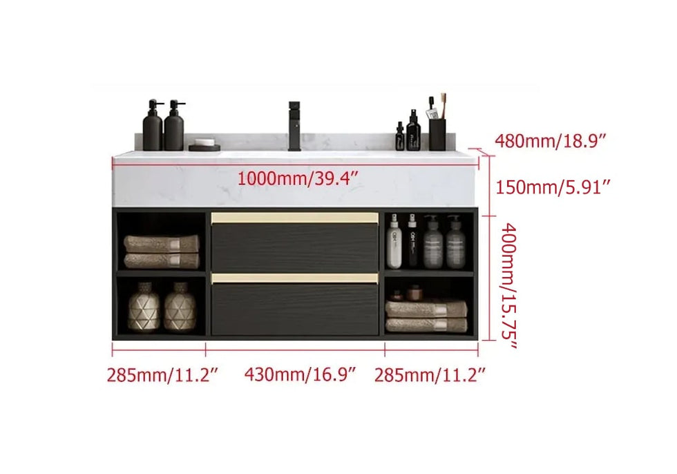 HMR - 39.4" Modern Floating Bathroom Vanity Set with Ceramic Sink 2 Drawers & Open Shelves