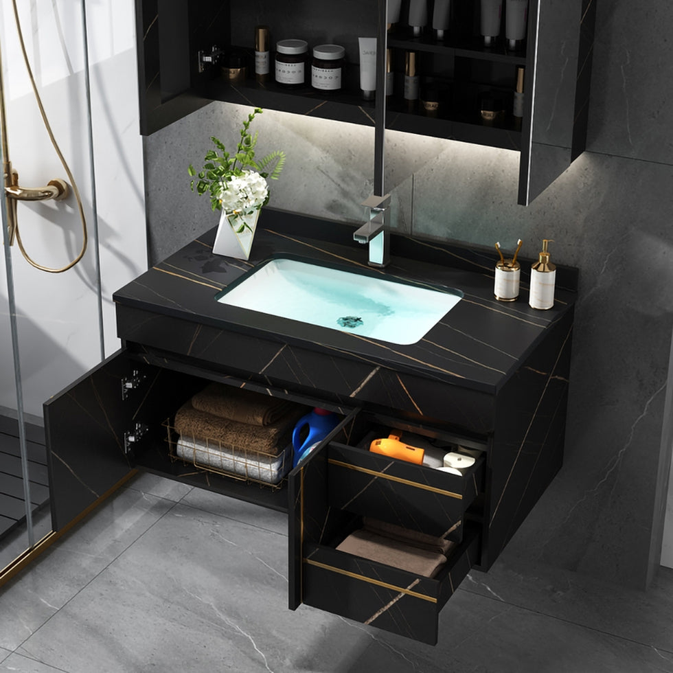 HMR - 35" Faux Marble Floating Bathroom Vanity with Single Ceramic Sink in Black