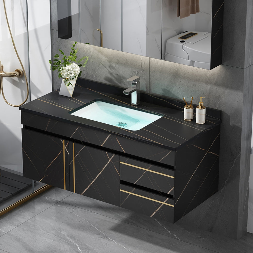 HMR - 35" Faux Marble Floating Bathroom Vanity with Single Ceramic Sink in Black