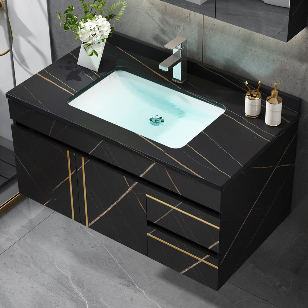 HMR - 35" Faux Marble Floating Bathroom Vanity with Single Ceramic Sink in Black