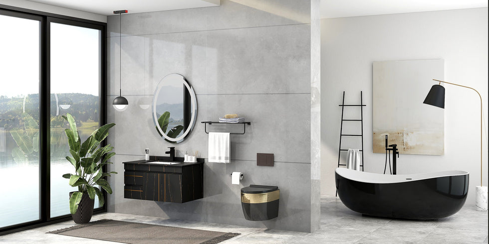 HMR - 35" Faux Marble Floating Bathroom Vanity with Single Ceramic Sink in Black