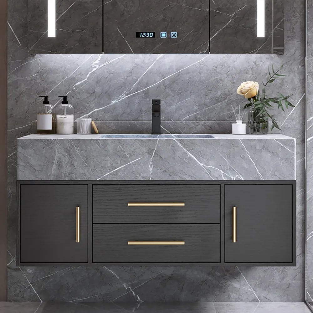 HMR - 39" Modern Floating Stone Top Bathroom Vanity Set with Sink
