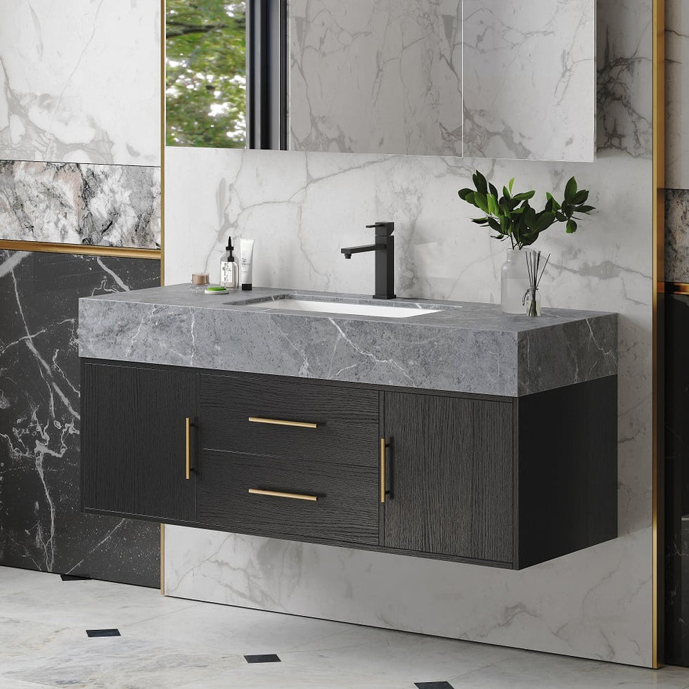 HMR - 39" Modern Floating Stone Top Bathroom Vanity Set with Sink