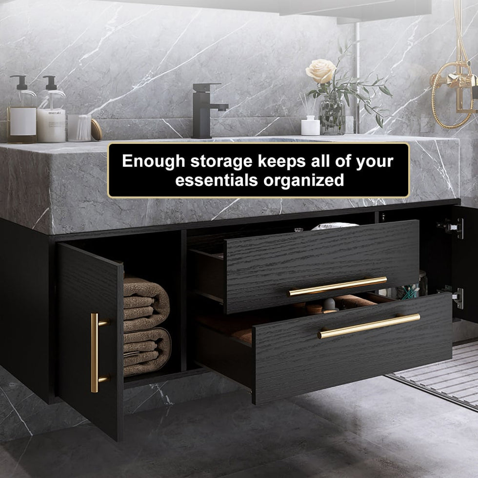 HMR - 39" Modern Floating Stone Top Bathroom Vanity Set with Sink
