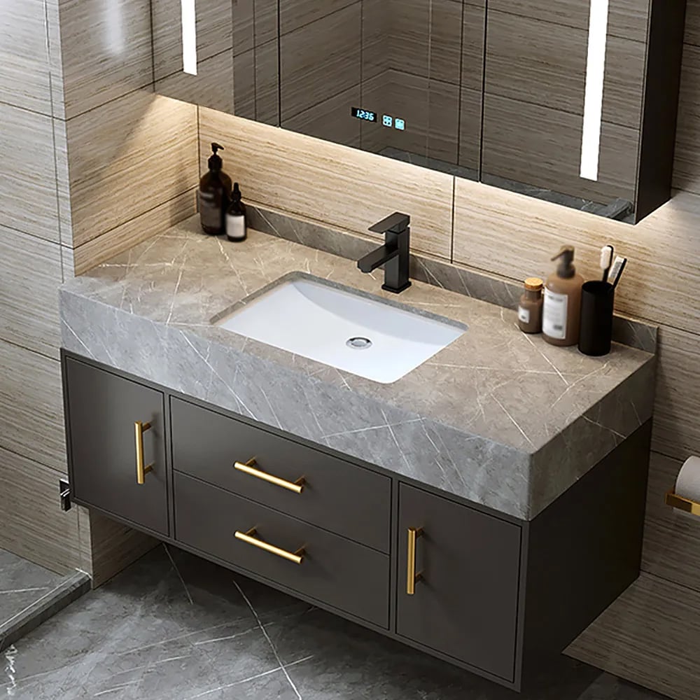 HMR - 39" Modern Floating Stone Top Bathroom Vanity Set with Sink