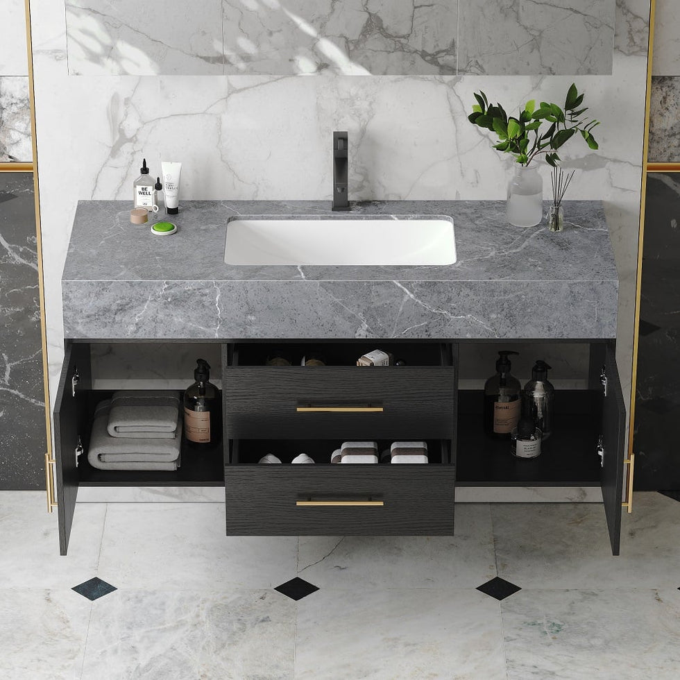 HMR - 39" Modern Floating Stone Top Bathroom Vanity Set with Sink
