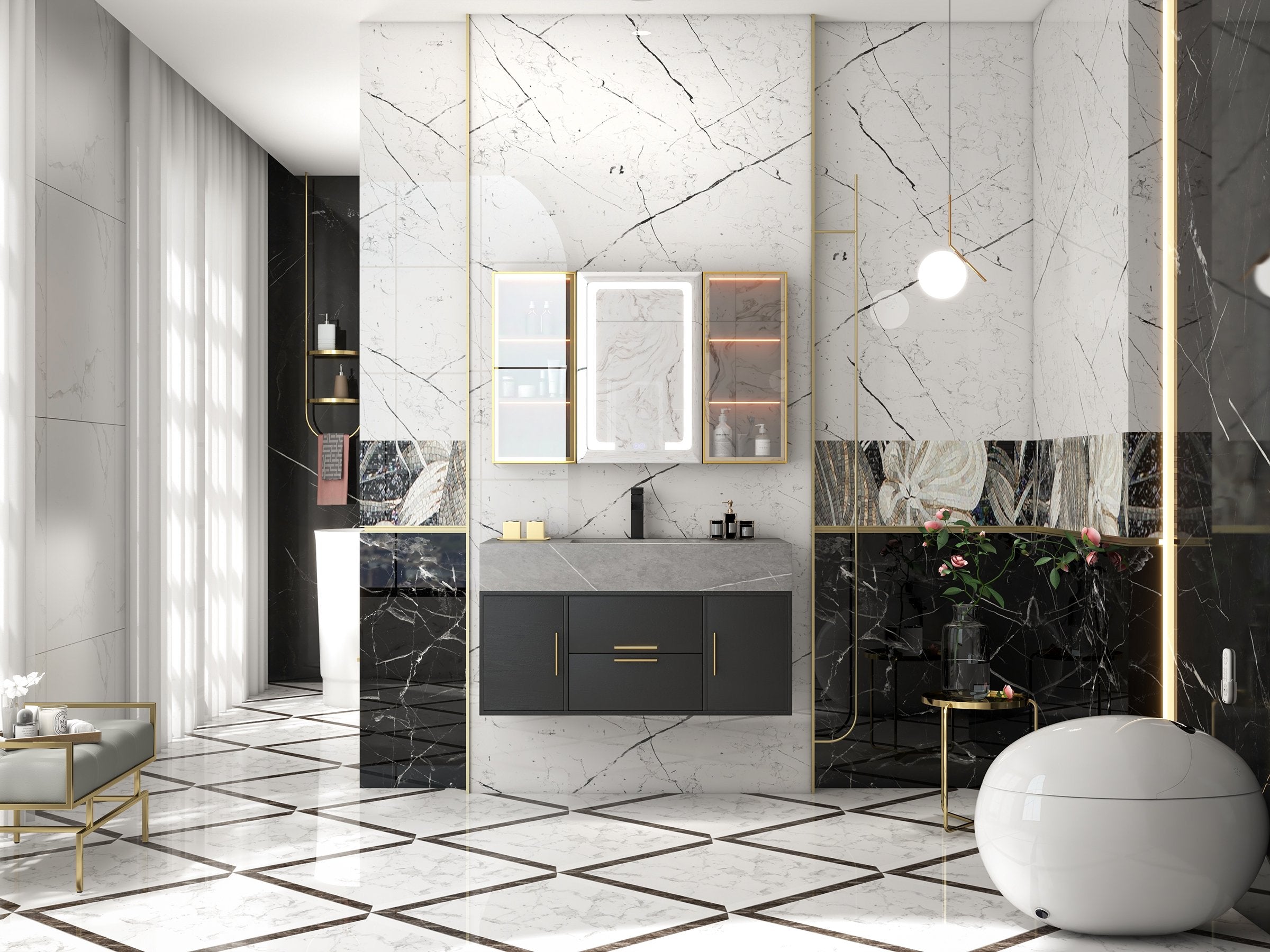 HMR - 39" Modern Floating Stone Top Bathroom Vanity Set with Sink