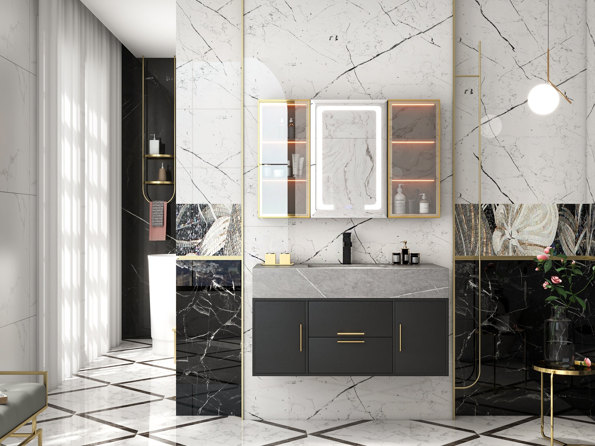 HMR - 39" Modern Floating Stone Top Bathroom Vanity Set with Sink