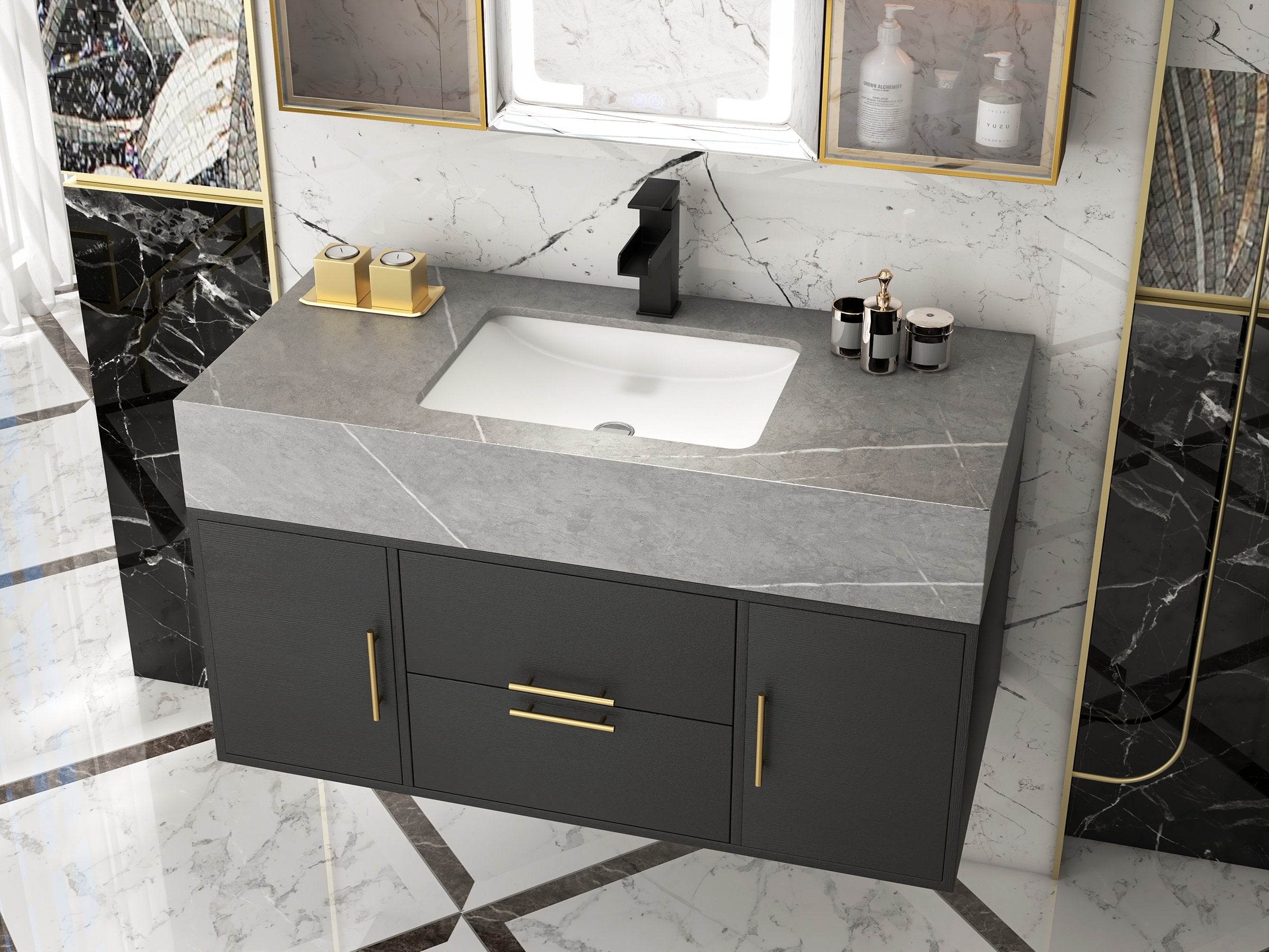 HMR - 39" Modern Floating Stone Top Bathroom Vanity Set with Sink