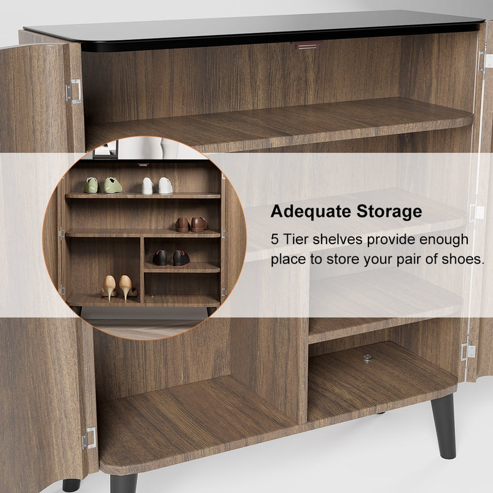 HMR - Entryway Shoe Storage Cabinet with 2 Doors and 5 Shelves (for 14 Pairs) in Walnut